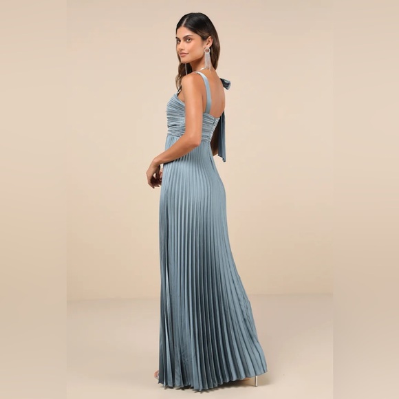 New Lulus Gorgeous Purpose Slate Satin Pleated Sleeveless Bow Maxi Dress Large - Picture 3 of 5